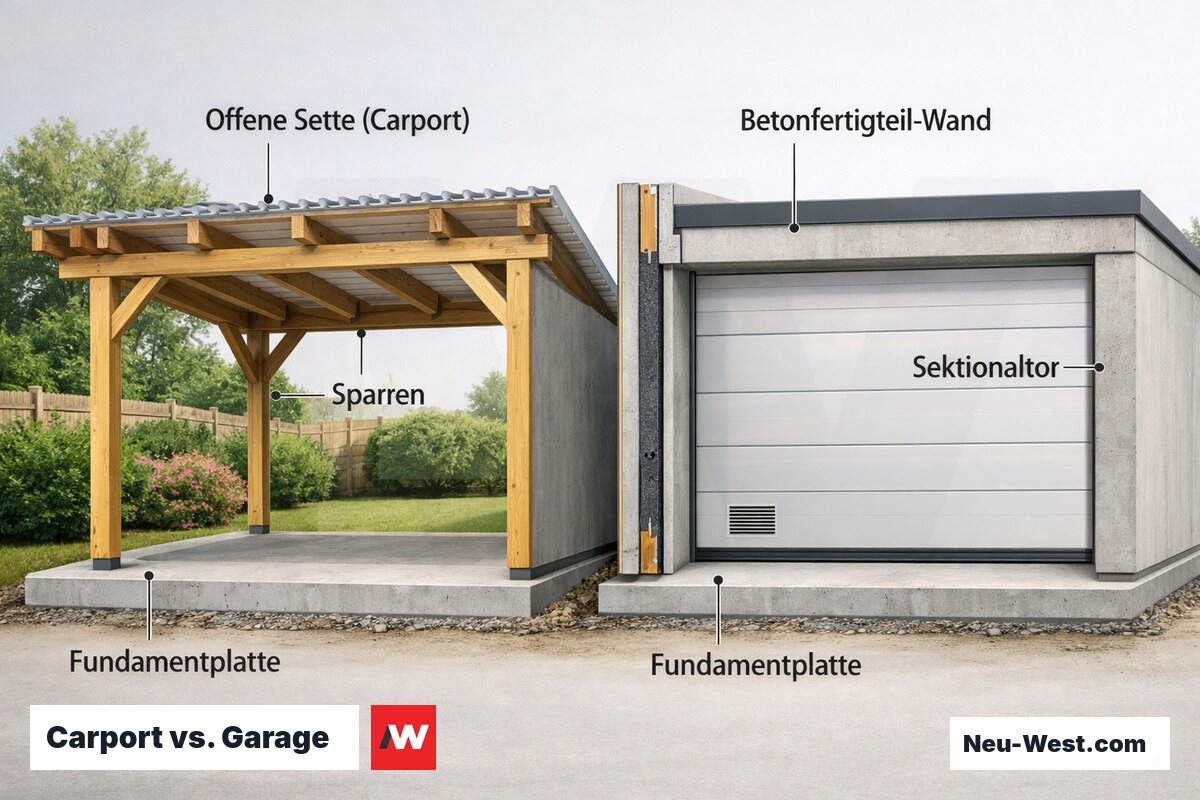 Querschnitt-Vergleich eines Holz-Carports mit offenen Seiten und einer geschlossenen Betonfertiggarage auf Fundamentplatte