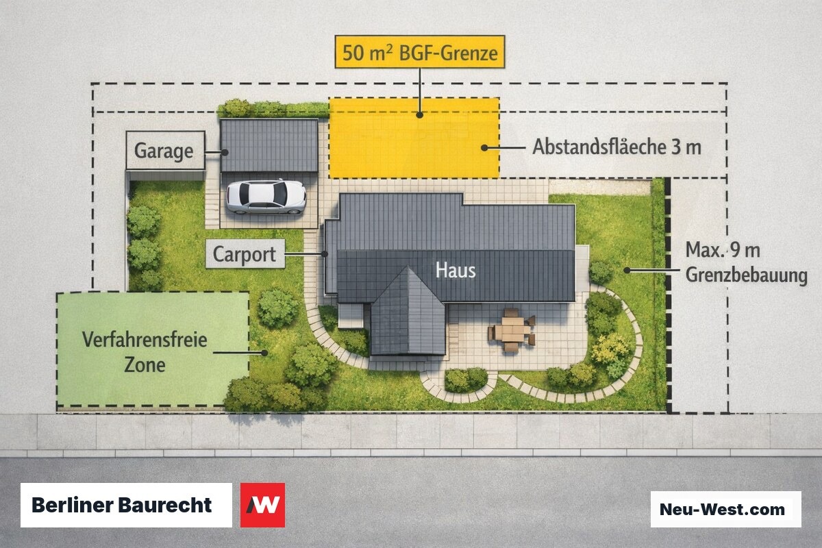 Lageplan-Draufsicht eines Berliner Grundstücks mit eingezeichneten Abstandsflächen, 50-m²-Grenze und genehmigungsfreier Zone