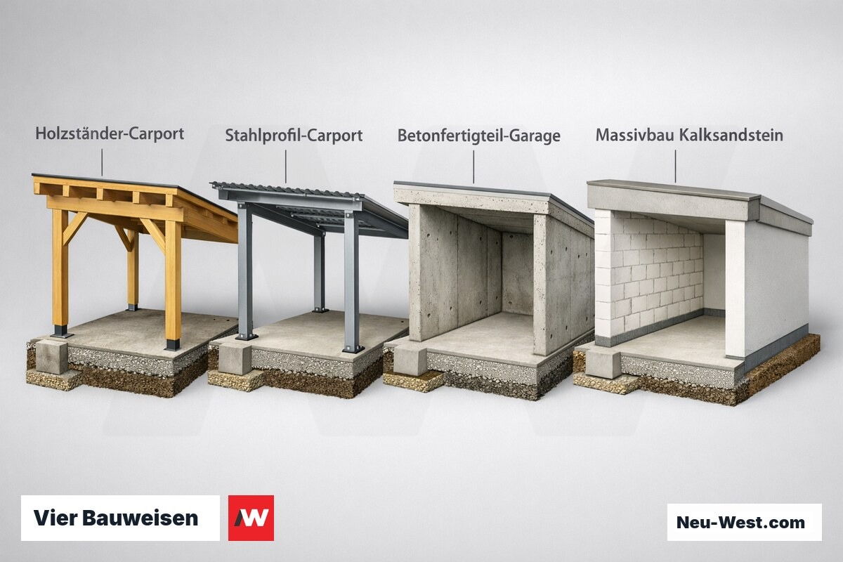 Nebeneinanderstellung von vier Bauweisen für Carport und Garage im Querschnitt: Holz, Stahl, Betonfertigteil und Kalksandstein-Massivbau