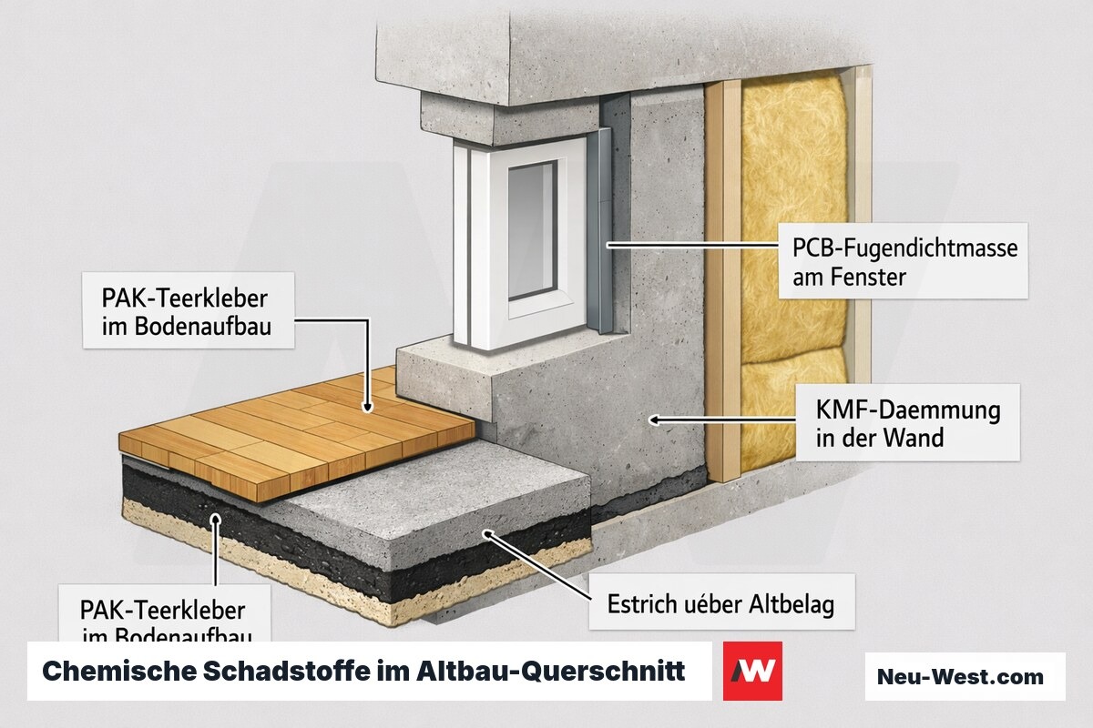 Gebäude-Querschnitt zeigt Fundorte von PAK-Teerklebern im Boden, PCB-Fugenmassen am Fenster und KMF-Dämmung in der Wand vor 1990.