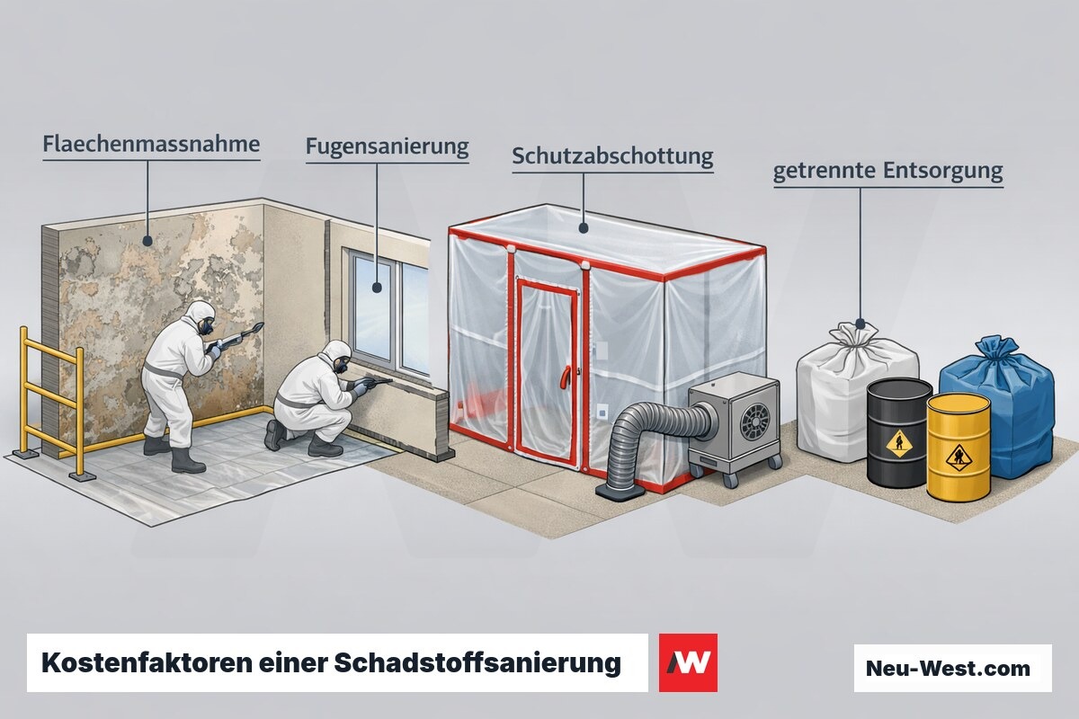 Querschnitt zeigt Flächenmaßnahme, Fugensanierung, Schutzabschottung und getrennte Entsorgung als zentrale Kostenfaktoren einer Sanierung.