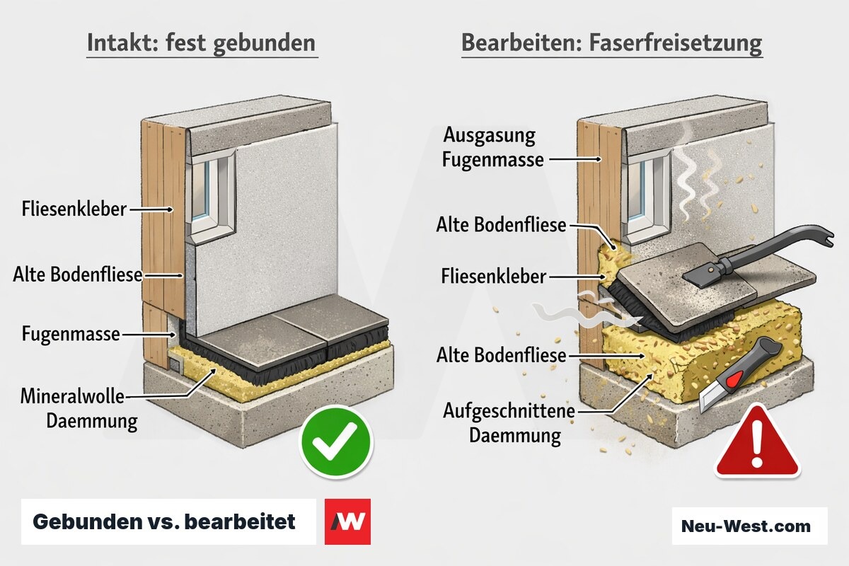 Vergleichs-Illustration: links intakte, fest gebundene Schadstoffe im Wandaufbau, rechts Freisetzung von Fasern und Ausgasungen beim Ausbau.