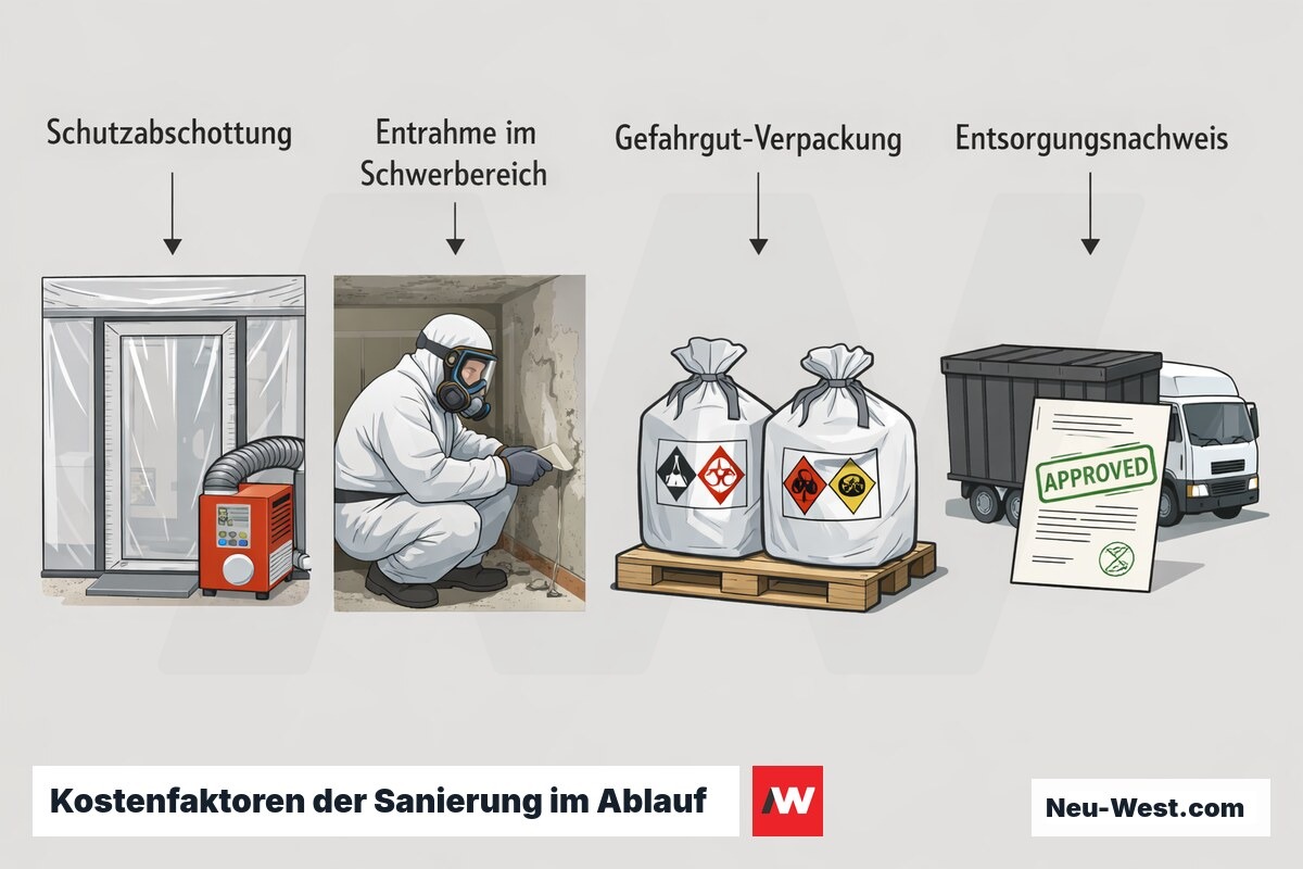 Prozess-Sequenz: Schutzabschottung, Entnahme in schwer erreichbaren Bereichen, Gefahrgut-Verpackung und dokumentierter Entsorgungsnachweis als Preistreiber.