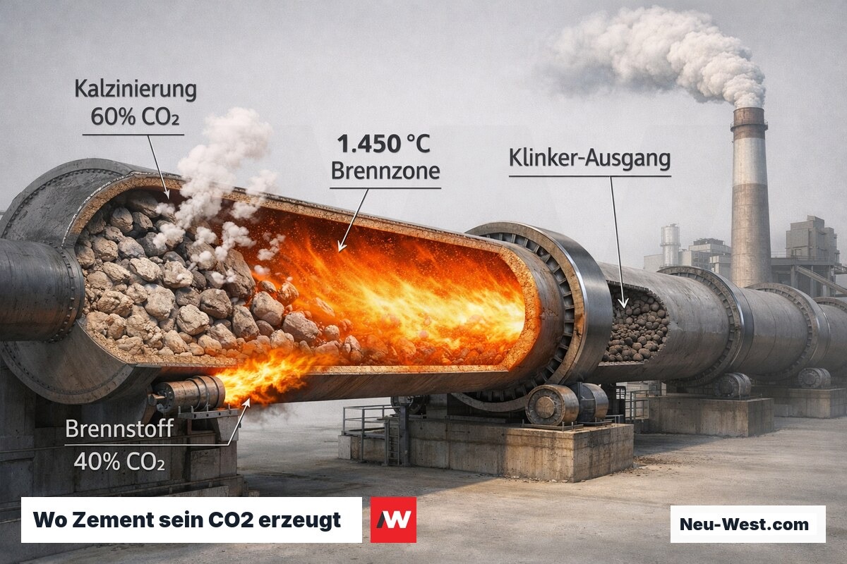 Querschnitt eines Drehrohrofens zeigt Kalzinierungszone und CO2-Entstehung bei Klinkerherstellung, ca. 820–900 kg CO2 pro Tonne