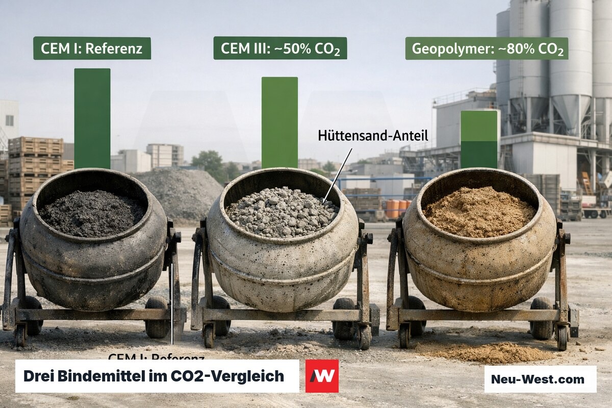 Drei Betonmischer nebeneinander vergleichen CEM I, Hüttensandzement CEM III und Geopolymerbinder nach CO2-Einsparung