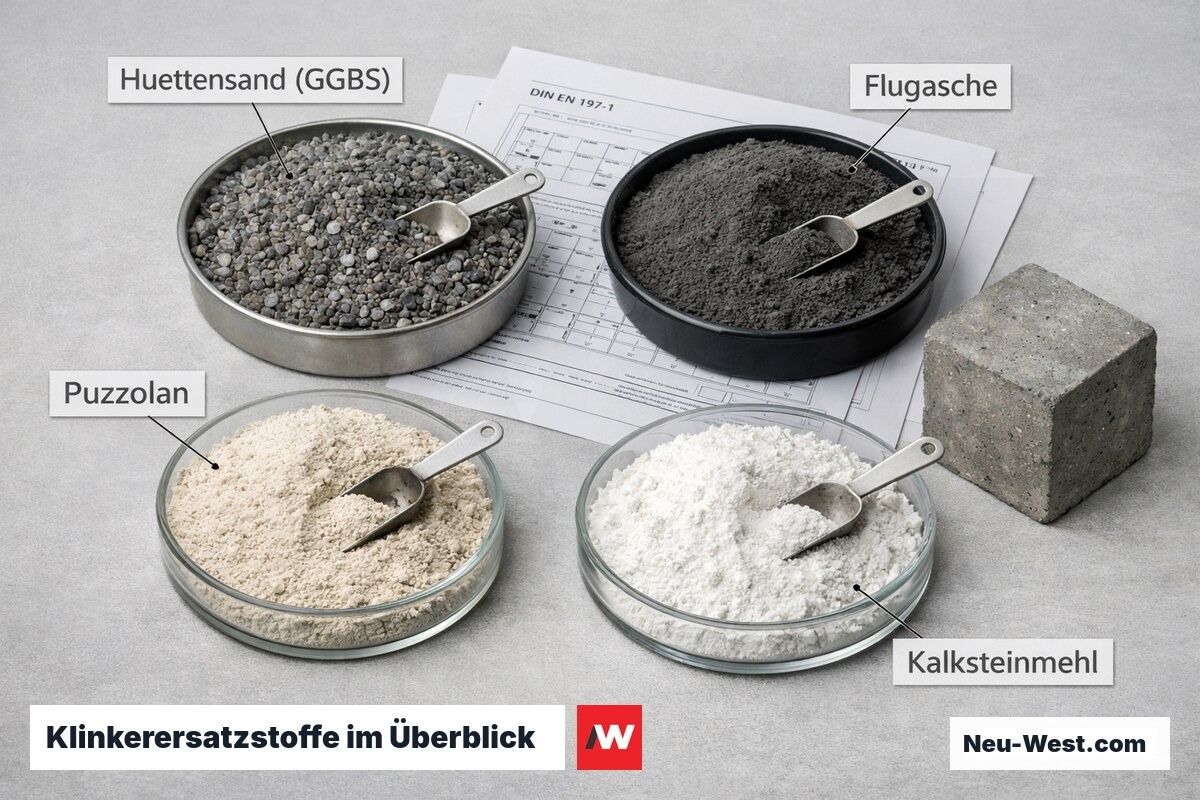 Vier ergänzende zementartige Stoffe SCM als Proben auf Planungstisch: Hüttensand, Flugasche, Puzzolan und Kalksteinmehl nebeneinander