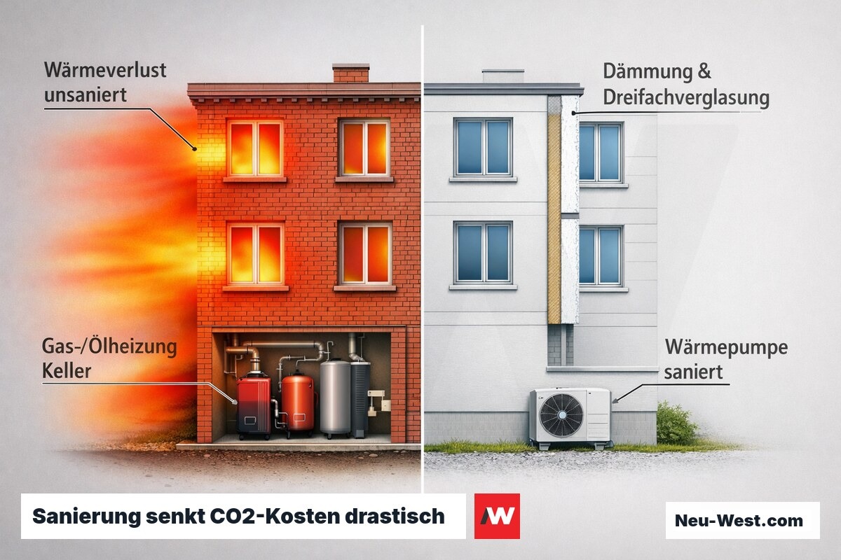 Querschnitt-Vergleich: unsaniertes Altbau-Gebäude mit starkem Wärmeverlust vs. saniertes Gebäude mit Dämmung und Wärmepumpe