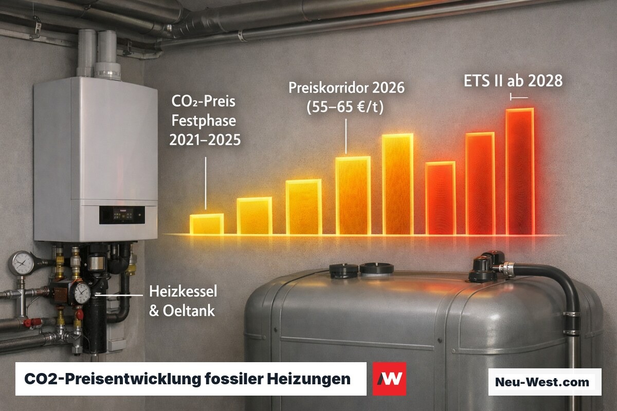 Heizungskeller mit Gas- und Ölheizung, darüber eine Visualisierung des steigenden CO2-Preises von 2021 bis 2030