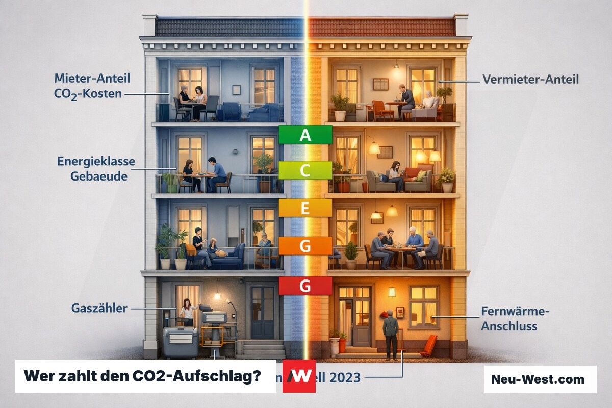 Berliner Altbau-Fassade im Querschnitt mit farblicher Aufteilung der CO2-Kosten zwischen Mietern und Vermieter nach Stufenmodell
