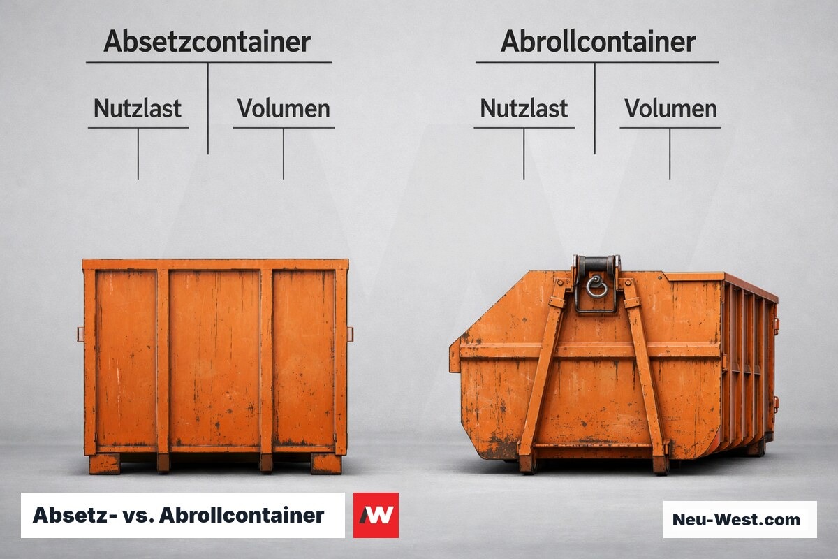 Absetz- vs. Abrollcontainer: Bauarten, Volumenstufen und Nutzlast-Obergrenzen – Erklär-Grafik (NEUWEST Berlin)