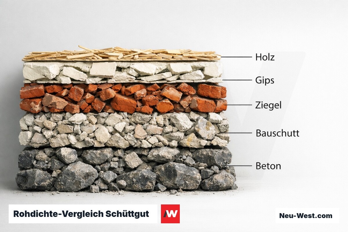 Rohdichte-Vergleich Schüttgut: Warum Volumen beim Befüllen trügt – Erklär-Grafik (NEUWEST Berlin)