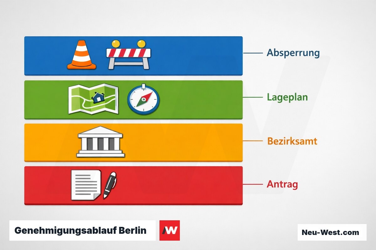 Genehmigungsablauf Berlin: Sondernutzungserlaubnis für Container auf öffentlichem Straßenland – Erklär-Grafik (NEUWEST Berlin)