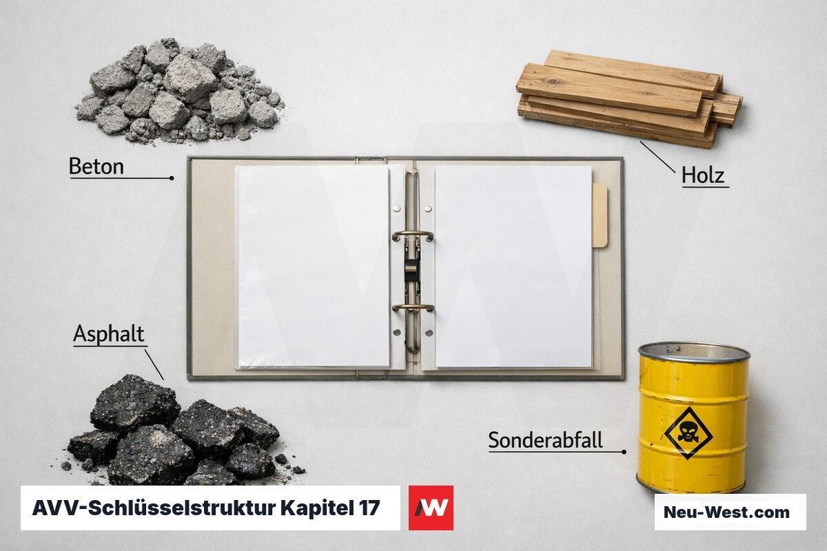 AVV-Schlüsselstruktur Kapitel 17: Bauabfall-Hauptgruppen, Deponieklassen und Sondermüll-Markierungen – Erklär-Grafik (NEUWEST Berlin)