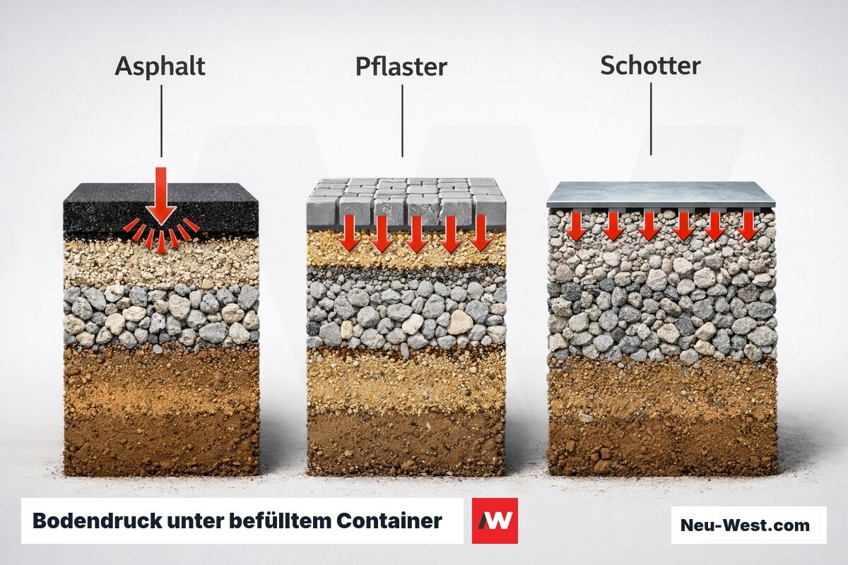 Bodendruck unter befülltem Container: Schwellenwerte und wann Unterstellplatten statisch erforderlich sind – Erklär-Grafik (NEUWEST Berlin)