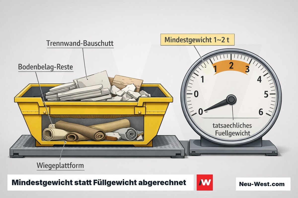 Erklär-Grafik: leicht befüllter Container auf Waage, tatsächliches Füllgewicht unter dem abgerechneten Mindestgewicht von 1–2 Tonnen.