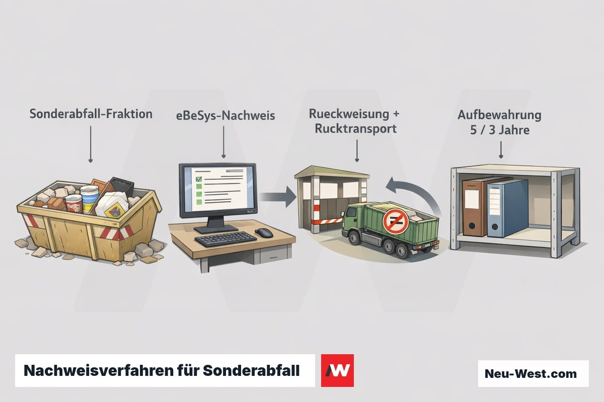 Prozessgrafik: aussortierte Sonderabfall-Fraktion, elektronischer eBeSys-Nachweis, kostenpflichtige Rückweisung am Entsorgungsbetrieb und Archivierung der Nachweise und Begleitscheine.
