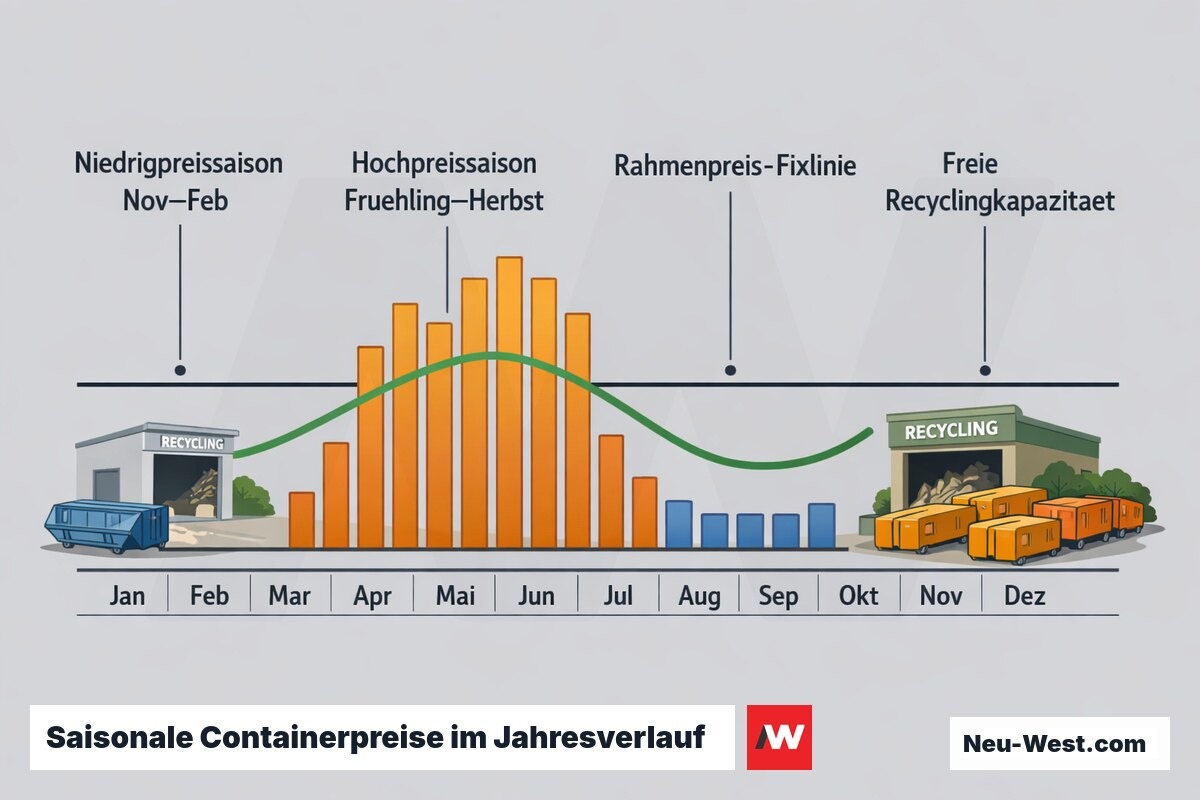 Diagramm mit Jahres-Zeitachse: hohe Containermietpreise in Hochbausaison, niedrige Preise November bis Februar, dazu fixe Rahmenpreislinie und freie Recyclinganlage.