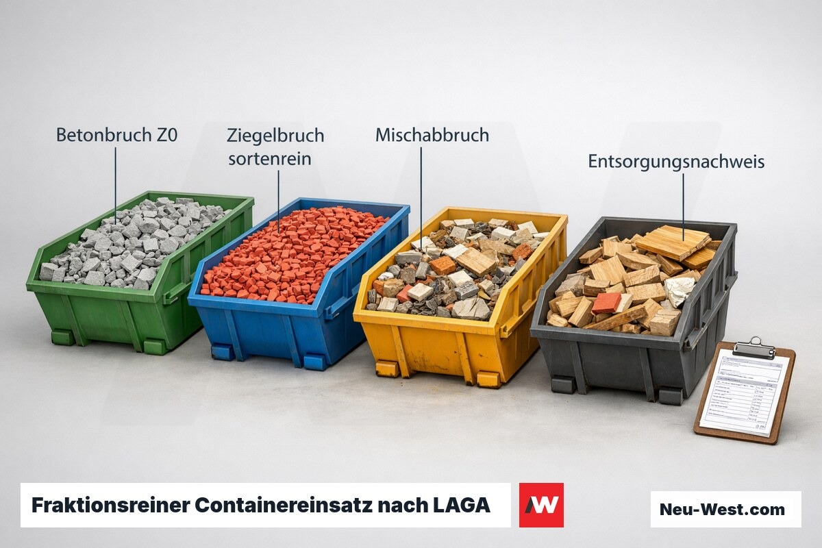 Erklaer-Illustration: vier getrennte Container mit sortenreinem Betonbruch, Ziegel, Mischabbruch und Entsorgungsnachweis nach LAGA-Klassifizierung.