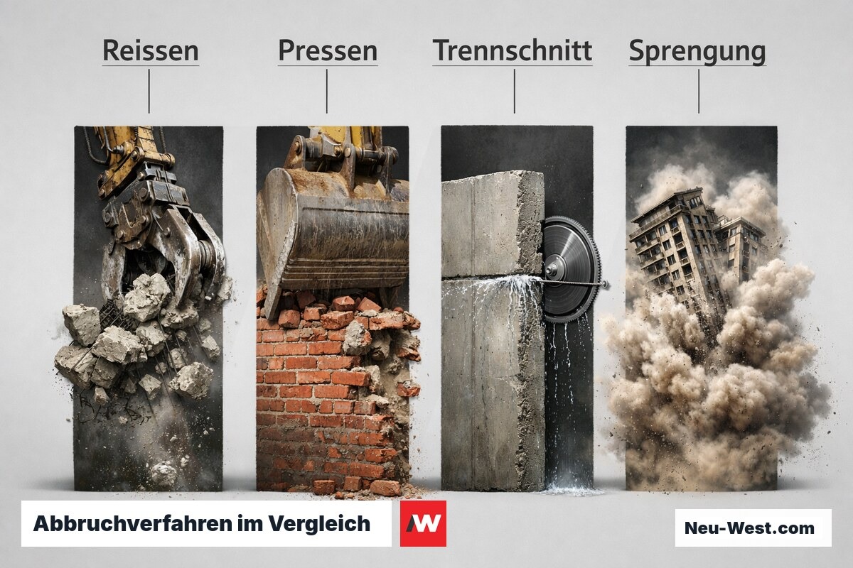Abbruchverfahren im Vergleich: Lärm und Erschütterung – Erklär-Grafik (NEUWEST Berlin)