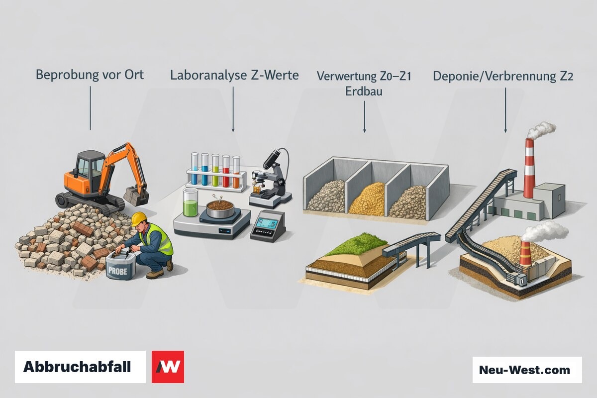 Prozessgrafik der Abbruchabfall-Klassifizierung von der Beprobung über Laboranalyse der LAGA-M20-Z-Werte bis zu Verwertung im Erdbau oder Deponierung.