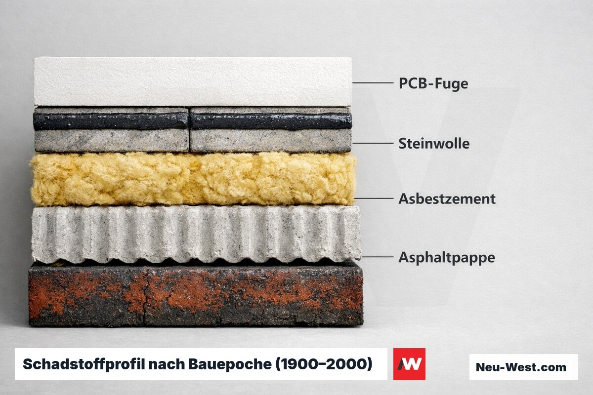Schadstoffprofil nach Bauepoche (1900–2000) – Erklär-Grafik (NEUWEST Berlin)