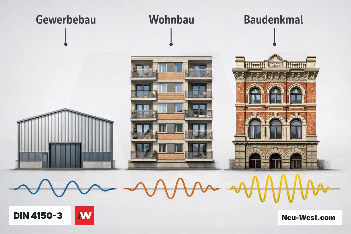 DIN 4150-3: Schwinggeschwindigkeits-Richtwerte je Gebäudetyp – Erklär-Grafik (NEUWEST Berlin)