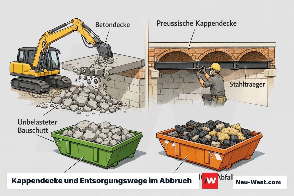 Querschnitt: Preußische Kappendecke mit Stahltraegern erfordert Handabbruch, getrennte Container fuer unbelasteten Bauschutt und schadstoffhaltigen Abfall.