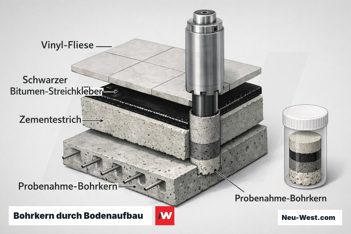 Querschnitt eines Bodenaufbaus mit Vinyl-Fliese, darunterliegendem schwarzem Bitumen-Streichkleber, Estrich und Betonplatte sowie entnommenem Probenahme-Bohrkern.