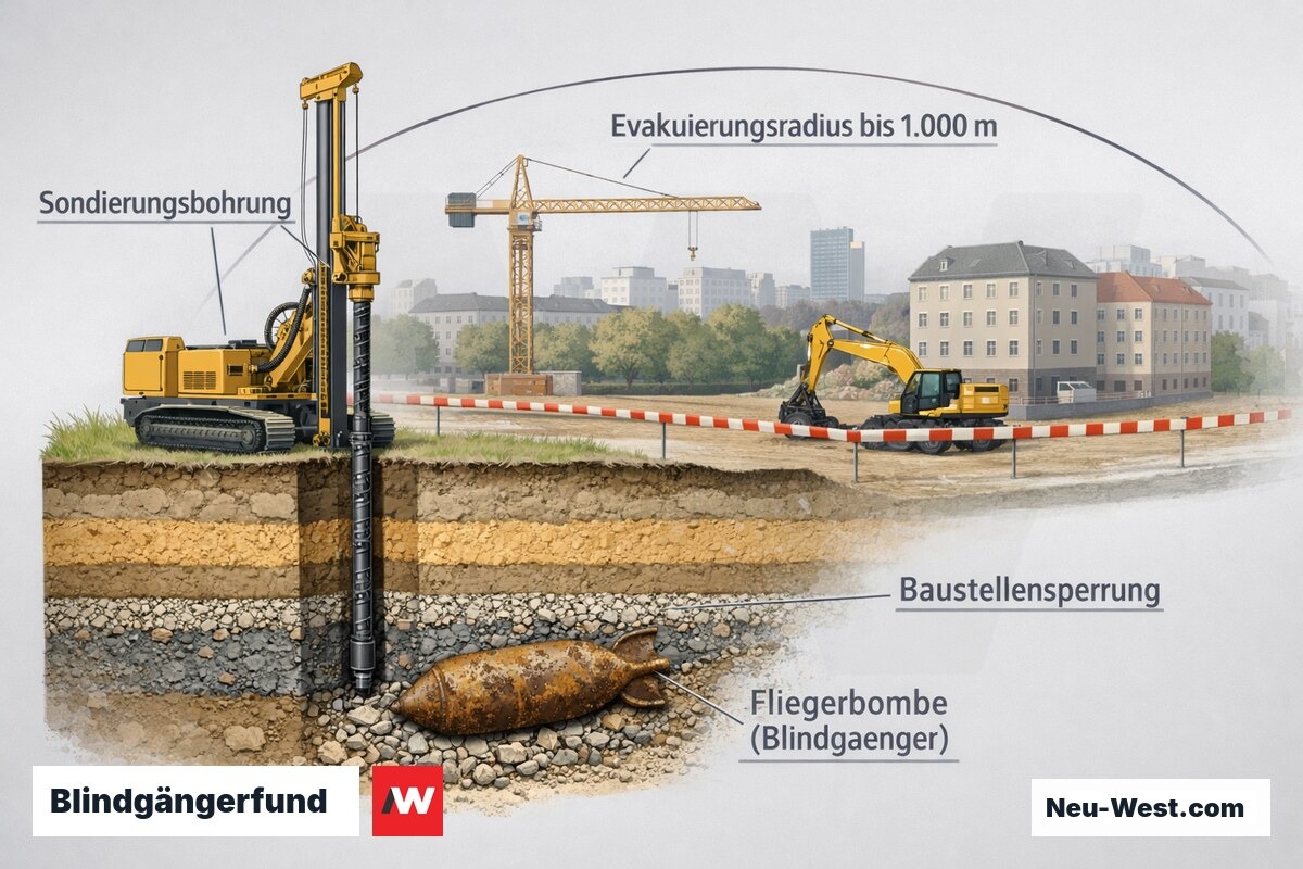Querschnitt einer Berliner Baustelle mit Sondierungsbohrung, unterirdischer Fliegerbombe, Evakuierungsradius und gesperrter Baustelle.