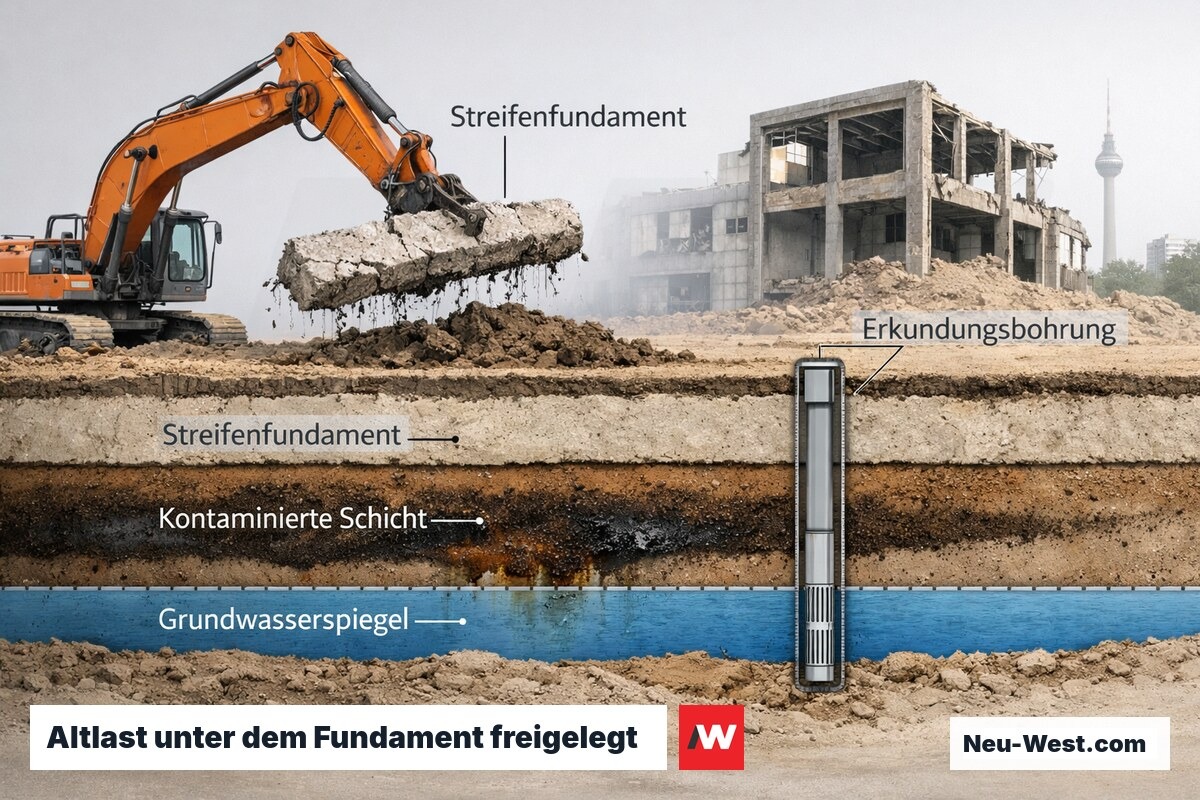 Querschnitt einer Abbruchgrube: Bagger entfernt Fundament und legt kontaminierte Bodenschicht ueber dem Grundwasser frei, mit Erkundungsbohrung.