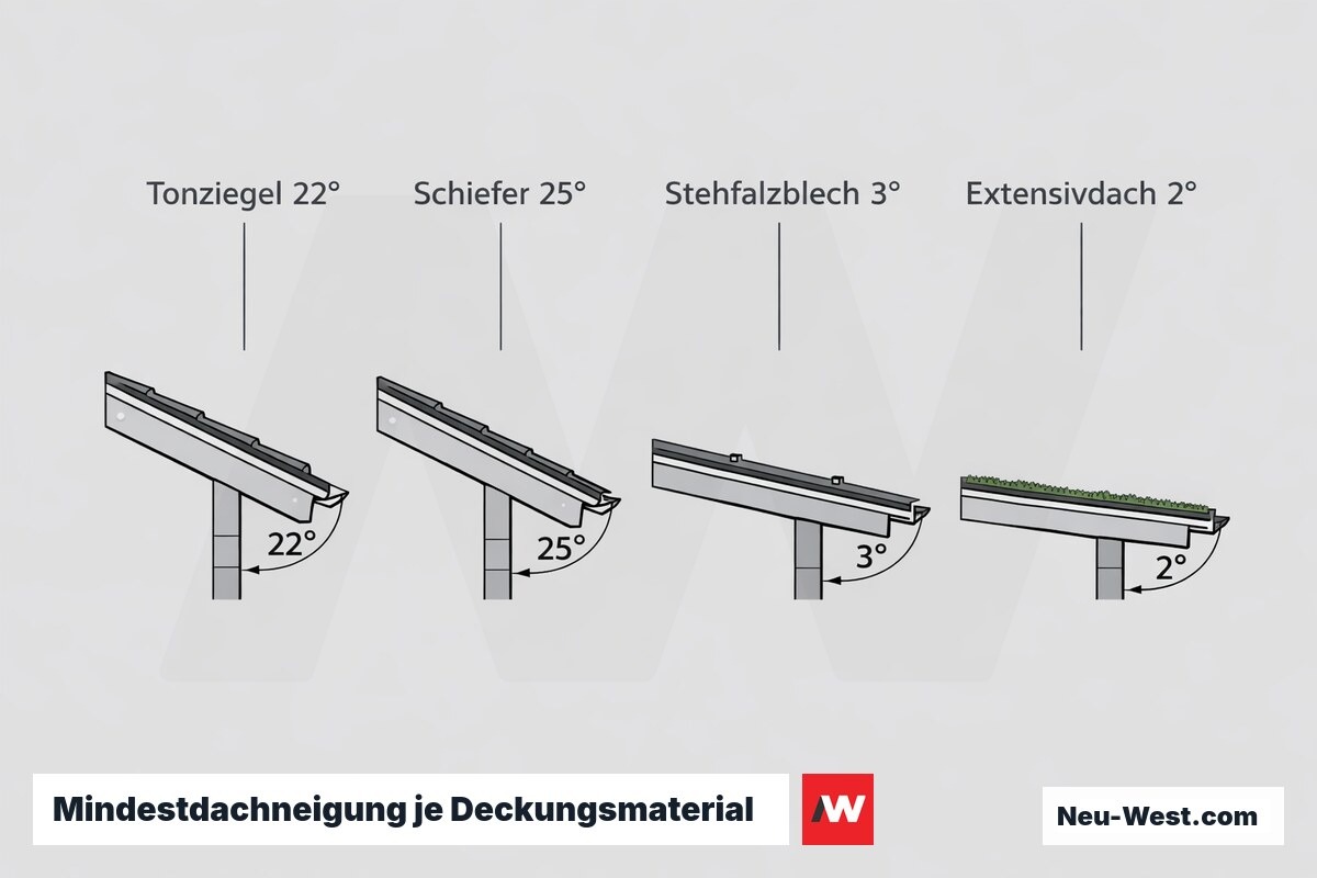 Mindestdachneigung je Deckungsmaterial – Erklär-Grafik (NEUWEST Berlin)