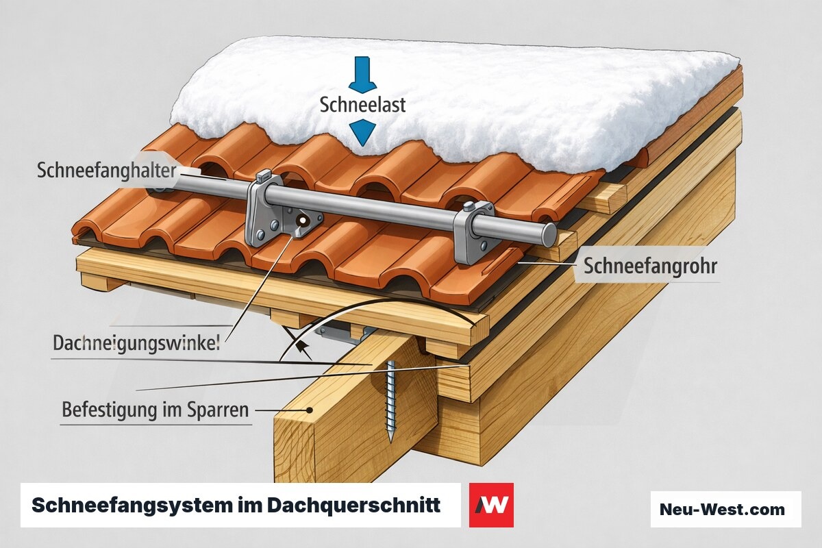 Querschnitt eines Ziegeldachs mit Schneefanghalter, Schneefangrohr und Sparrenbefestigung, Dachneigung und Schneelast dargestellt.