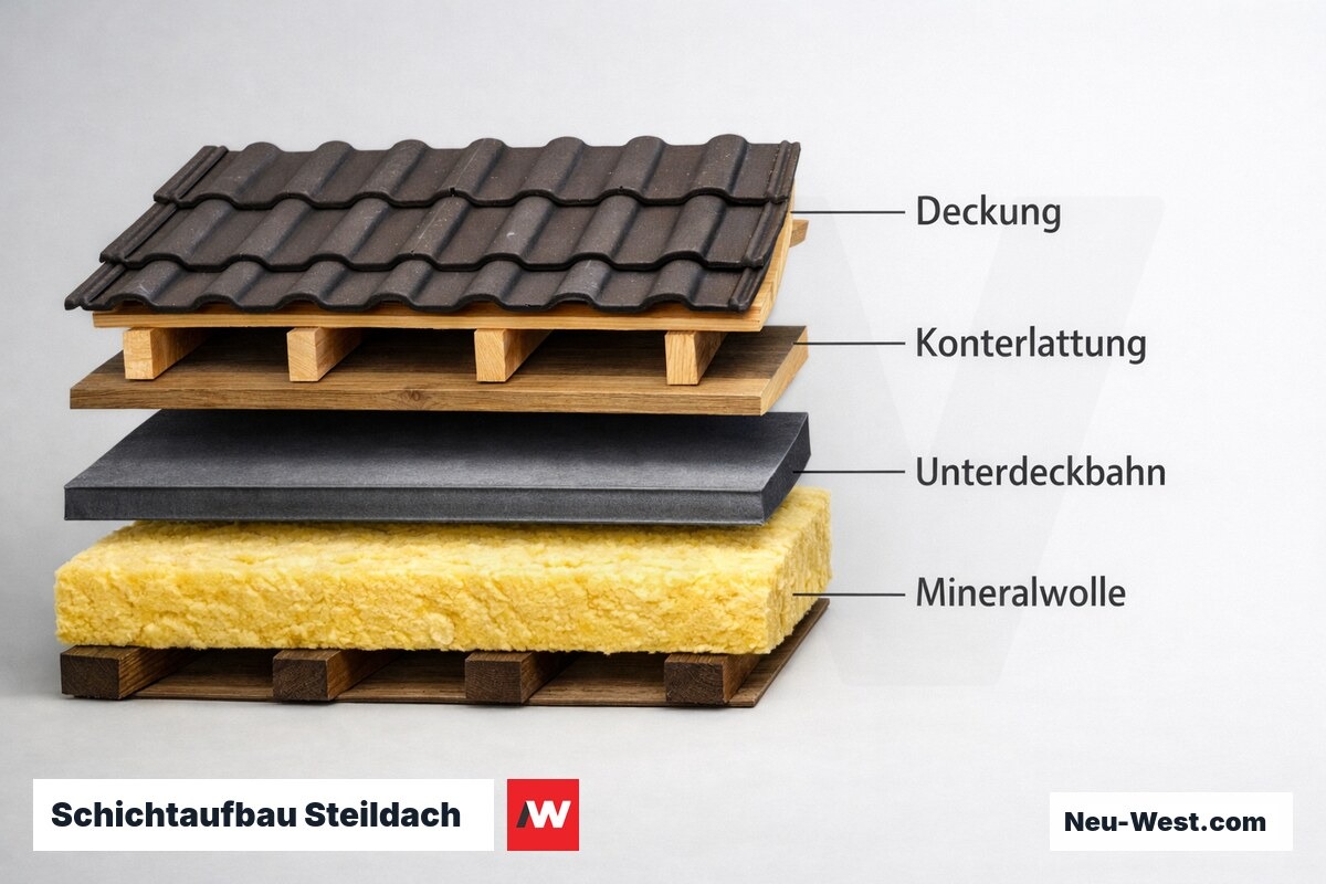 Schichtaufbau Steildach — von innen nach außen – Erklär-Grafik (NEUWEST Berlin)