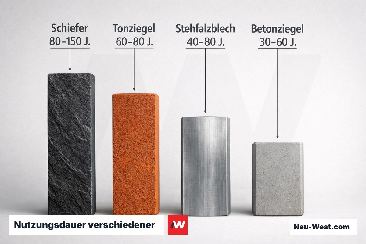 Nutzungsdauer verschiedener Dachdeckungsmaterialien im Vergleich – Erklär-Grafik (NEUWEST Berlin)