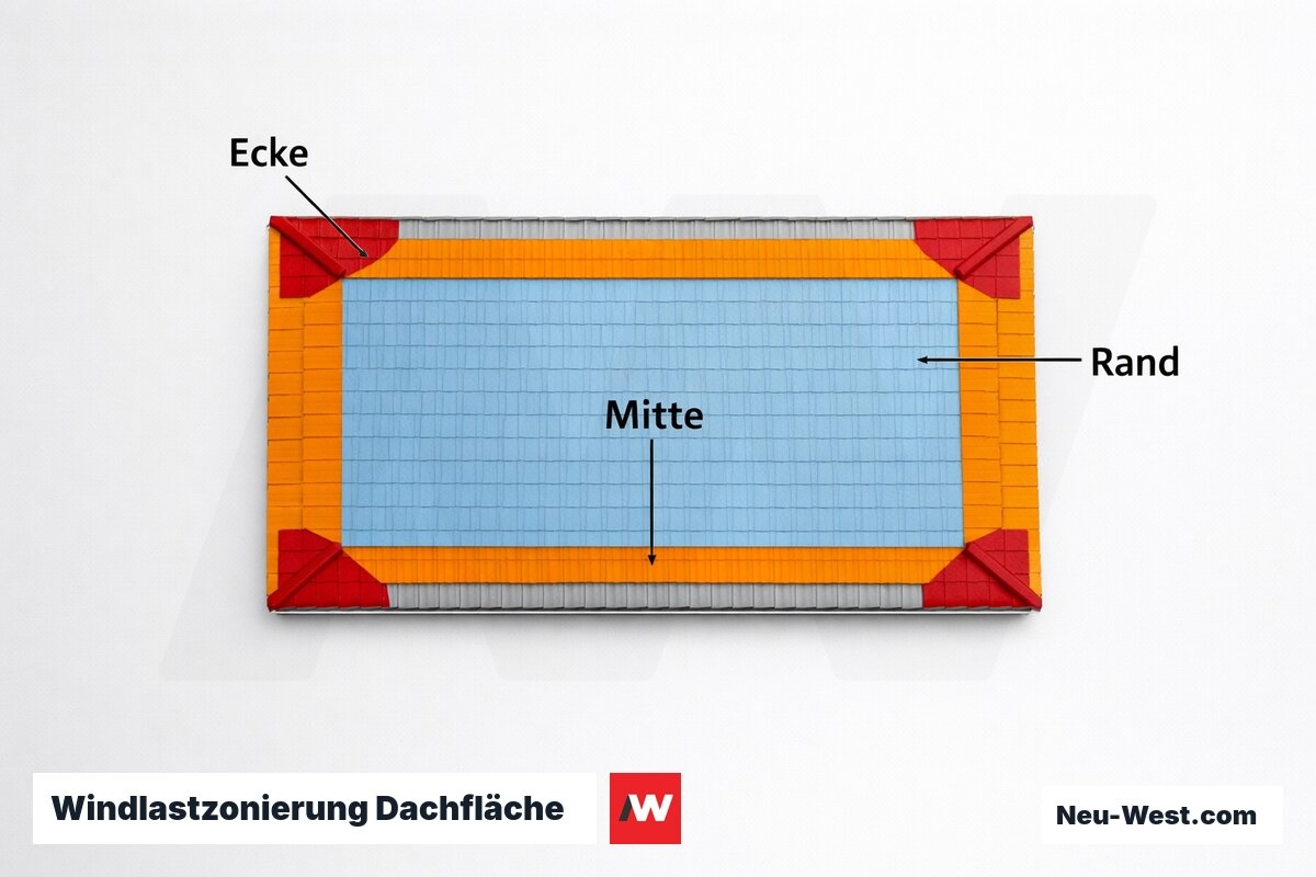 Windlastzonierung Dachfläche nach EN 1991-1-4 (Berlin: Windzone II, vb = 25 m/s) – Erklär-Grafik (NEUWEST Berlin)