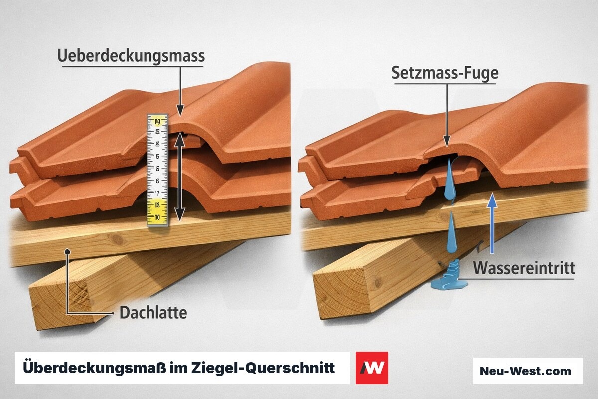 Querschnitt zweier überlappender Dachziegel mit Bemaßung des Überdeckungsmaßes, Dachlatten und Wassereintritt bei zu geringer Überdeckung.