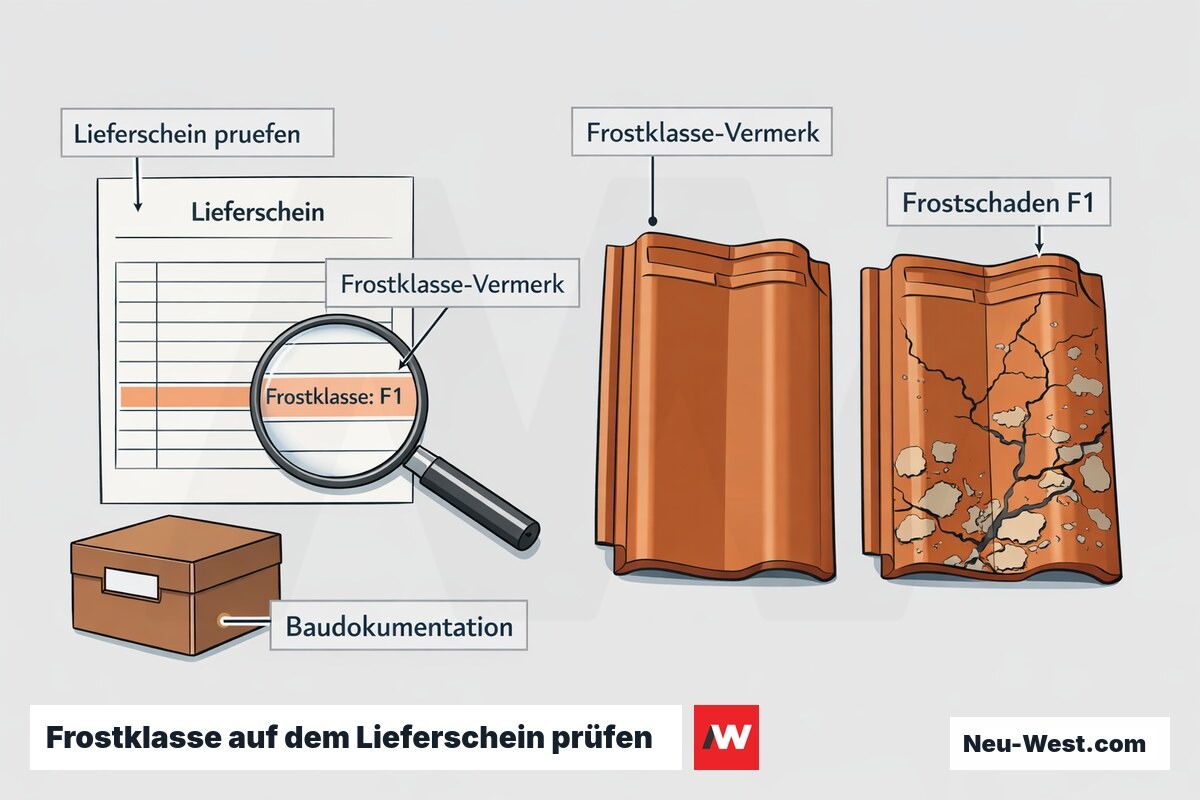 Erklär-Grafik: Lieferschein mit Frostklasse-Vermerk, Lupe zur Prüfung, intakter gegen abgeplatzten Dachziegel und Ablage als Baudokumentation.
