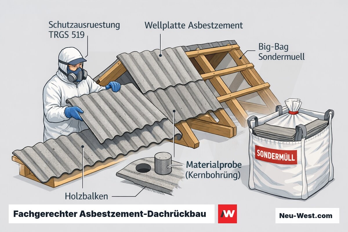 Querschnitt eines Asbestzement-Wellplattendachs mit Fachkraft in Schutzausrüstung, Materialprobe und versiegeltem Sondermüll-Big-Bag für die Entsorgung.