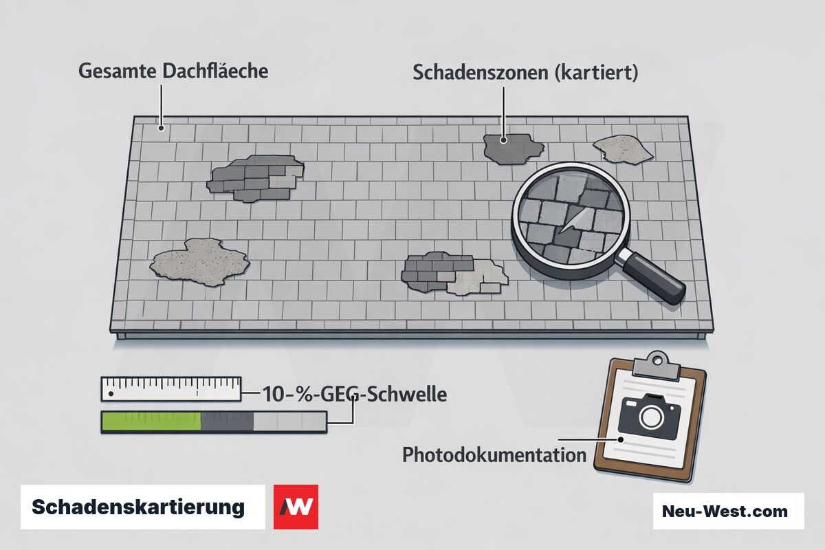 Erklär-Grafik: Dachaufsicht mit flächengenau kartierten Schadenszonen und 10-Prozent-GEG-Schwellenwert für Teilreparatur oder Neudeckung.