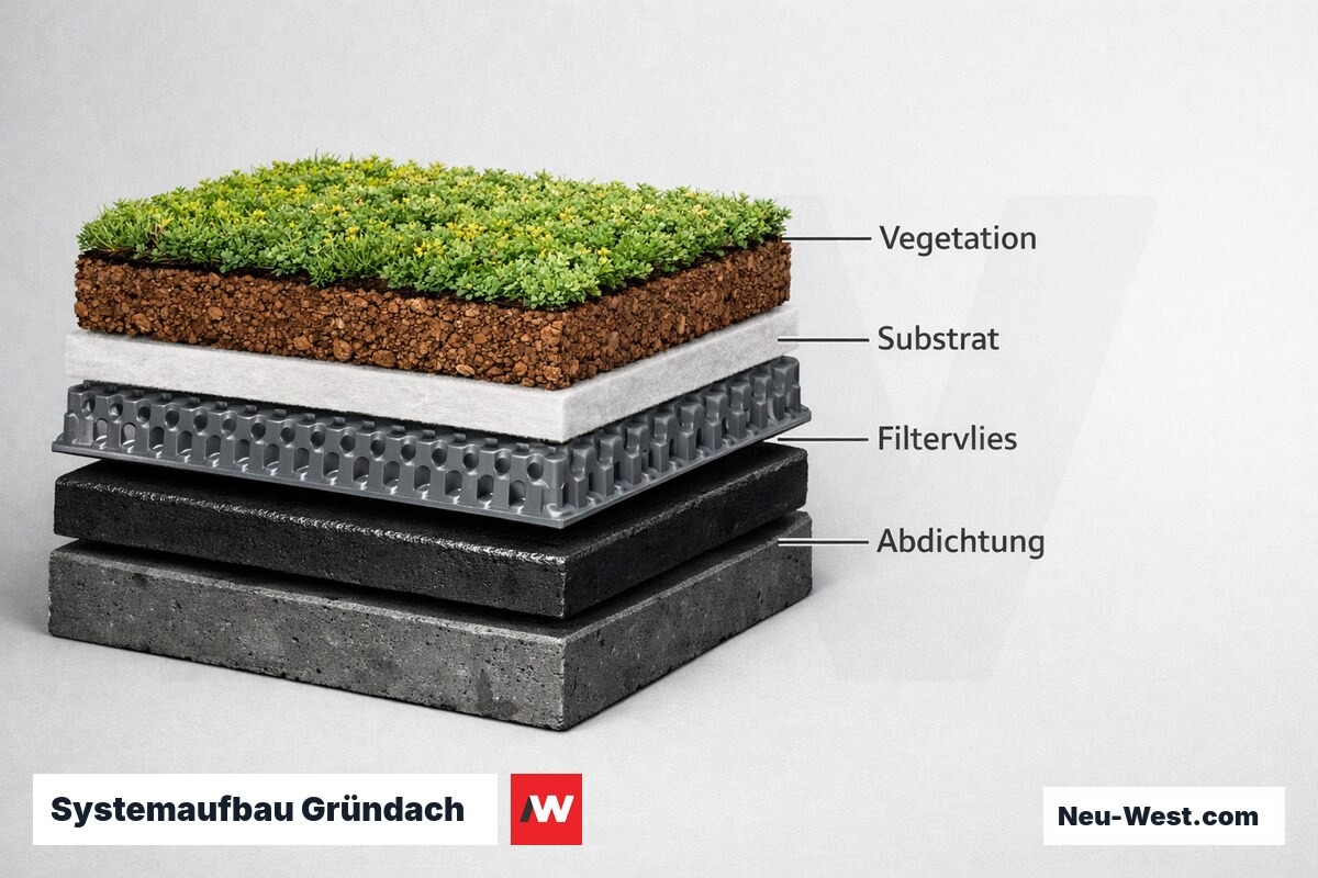 Systemaufbau Gründach: Alle Lagen von der Abdichtung bis zur Vegetationsdecke – Erklär-Grafik (NEUWEST Berlin)