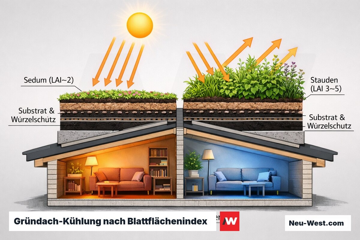 Querschnitt: Gründach kühlt Dachgeschoss – dichte Stauden mit hohem LAI reduzieren Wärmelast stärker als dünnes Sedum.
