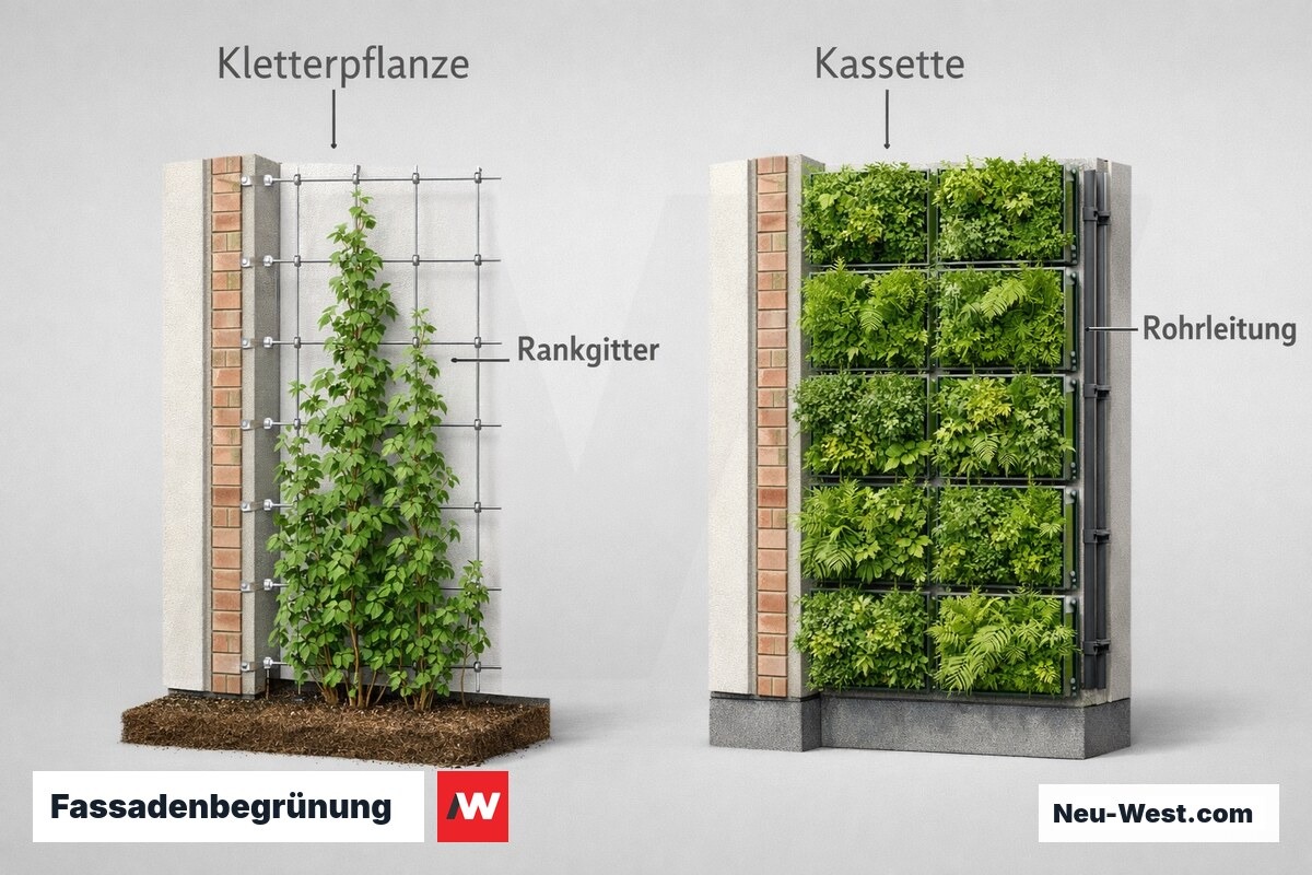 Fassadenbegrünung: Bodengebundene Kletterpflanze vs. wandgebundenes Kassettensystem – Erklär-Grafik (NEUWEST Berlin)