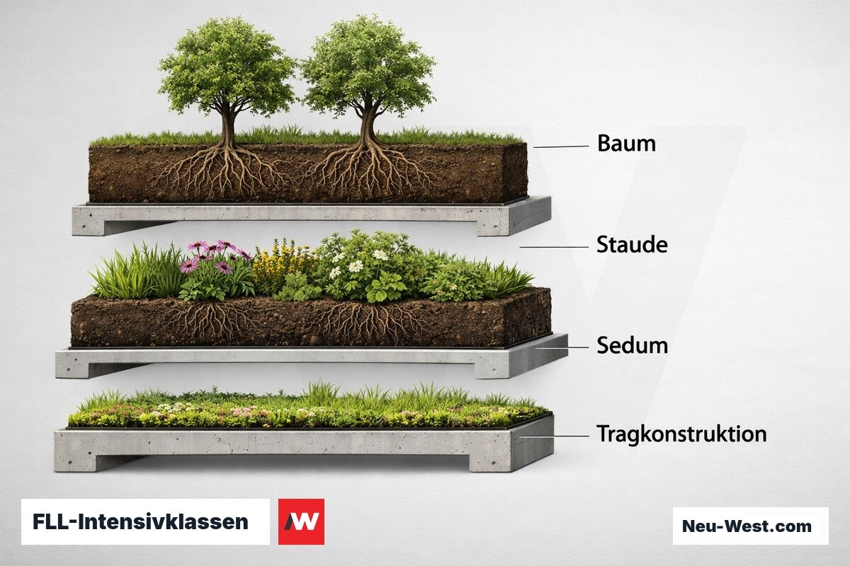 FLL-Intensivklassen: Substrattiefe, Traglast und Nutzungsprofil im Vergleich – Erklär-Grafik (NEUWEST Berlin)