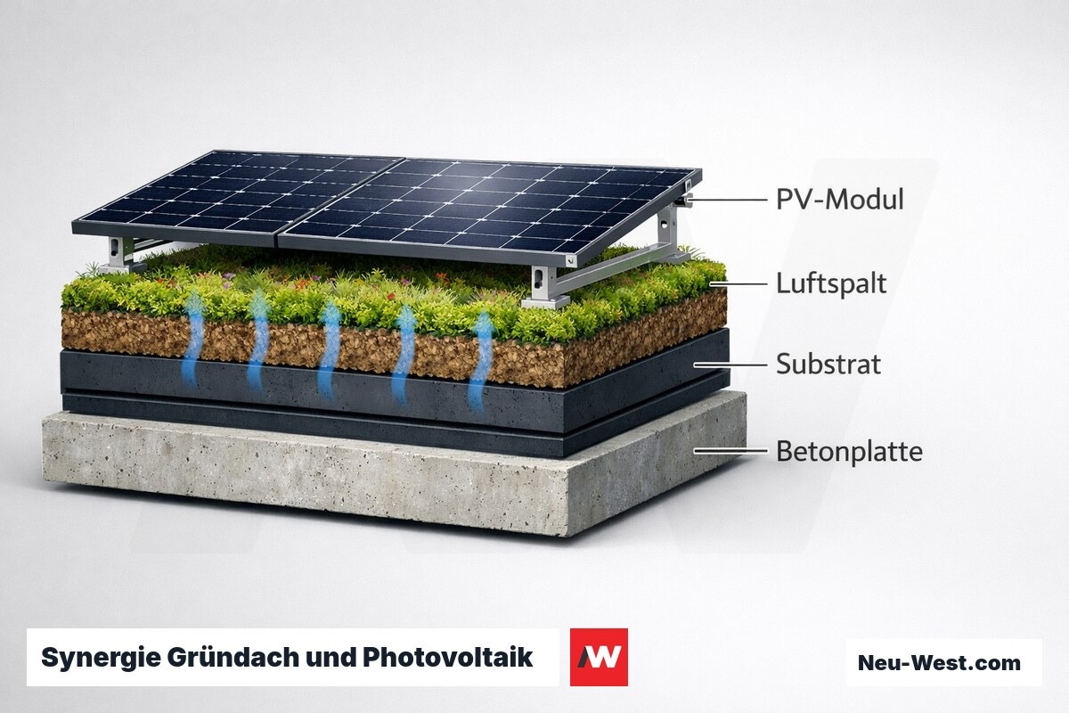 Synergie Gründach und Photovoltaik: Verdunstungskühlung steigert Modulleistung – Erklär-Grafik (NEUWEST Berlin)