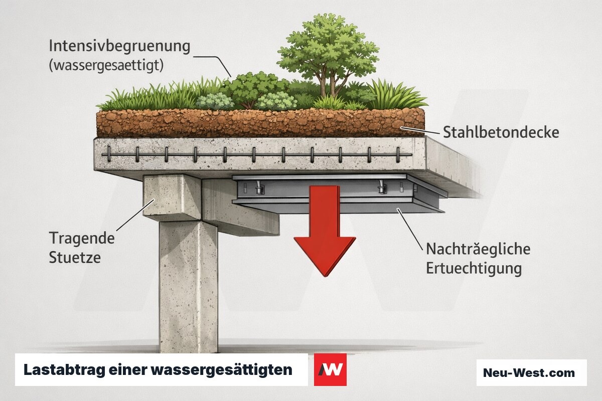 Querschnitt: wassergesättigte Intensivbegrünung belastet Stahlbetondecke und Stütze eines Bestandsbaus, mit nachträglicher Ertüchtigung.