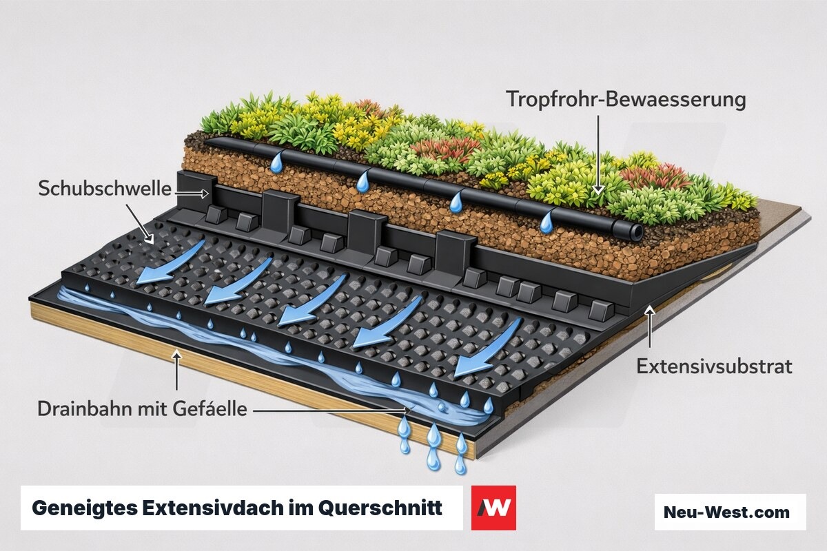 Querschnitt eines geneigten Extensivdachs mit Drainbahn, Schubschwelle, Bewässerungsrohr und Substrat zur Vermeidung von Staunässe bei Gefälle.