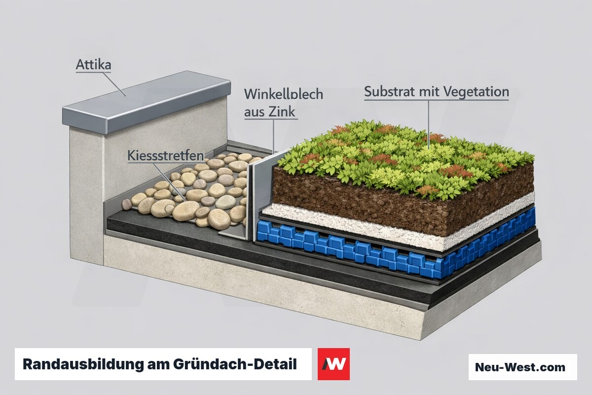 Querschnitt der Gründach-Randausbildung an der Attika: profiliertes Winkelblech trennt Kiesstreifen und Substrat-Vegetationsschicht sauber.