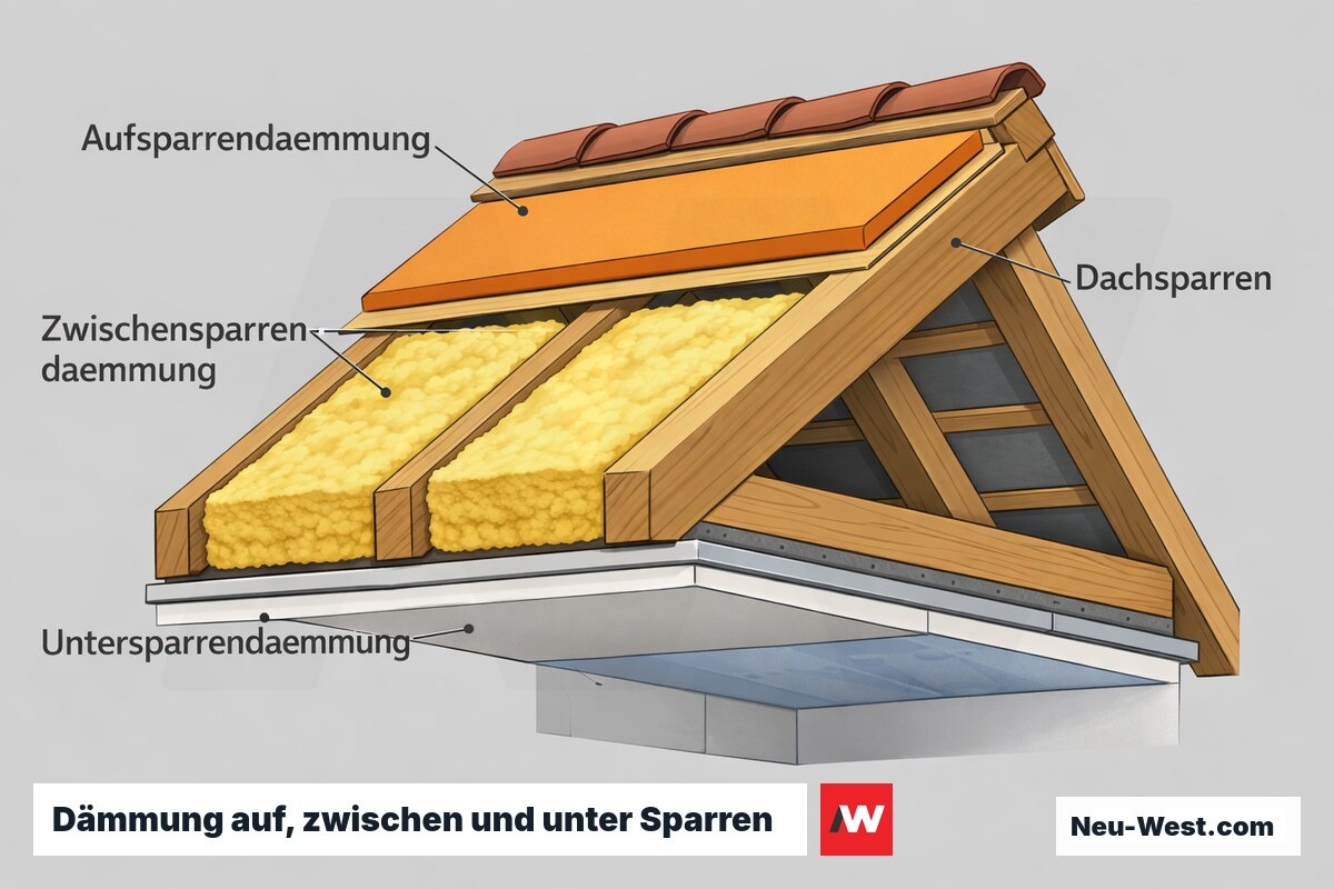 Dachquerschnitt zeigt die drei Dämmvarianten am Steildach: auf, zwischen und unter den Sparren mit Ziegeln und Dampfsperre.