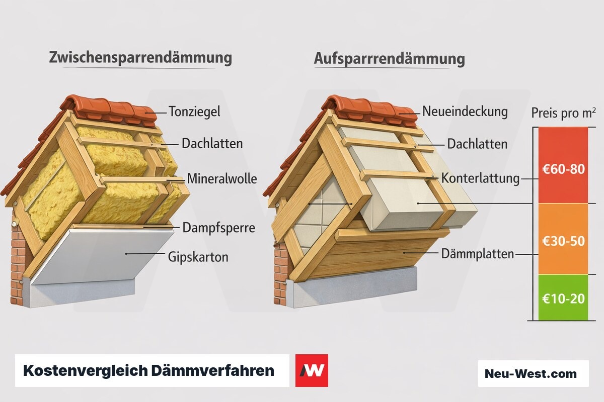 Querschnitt-Vergleich von Zwischensparren- und Aufsparrendämmung eines Steildachs mit Preisskala pro Quadratmeter und Neueindeckung.