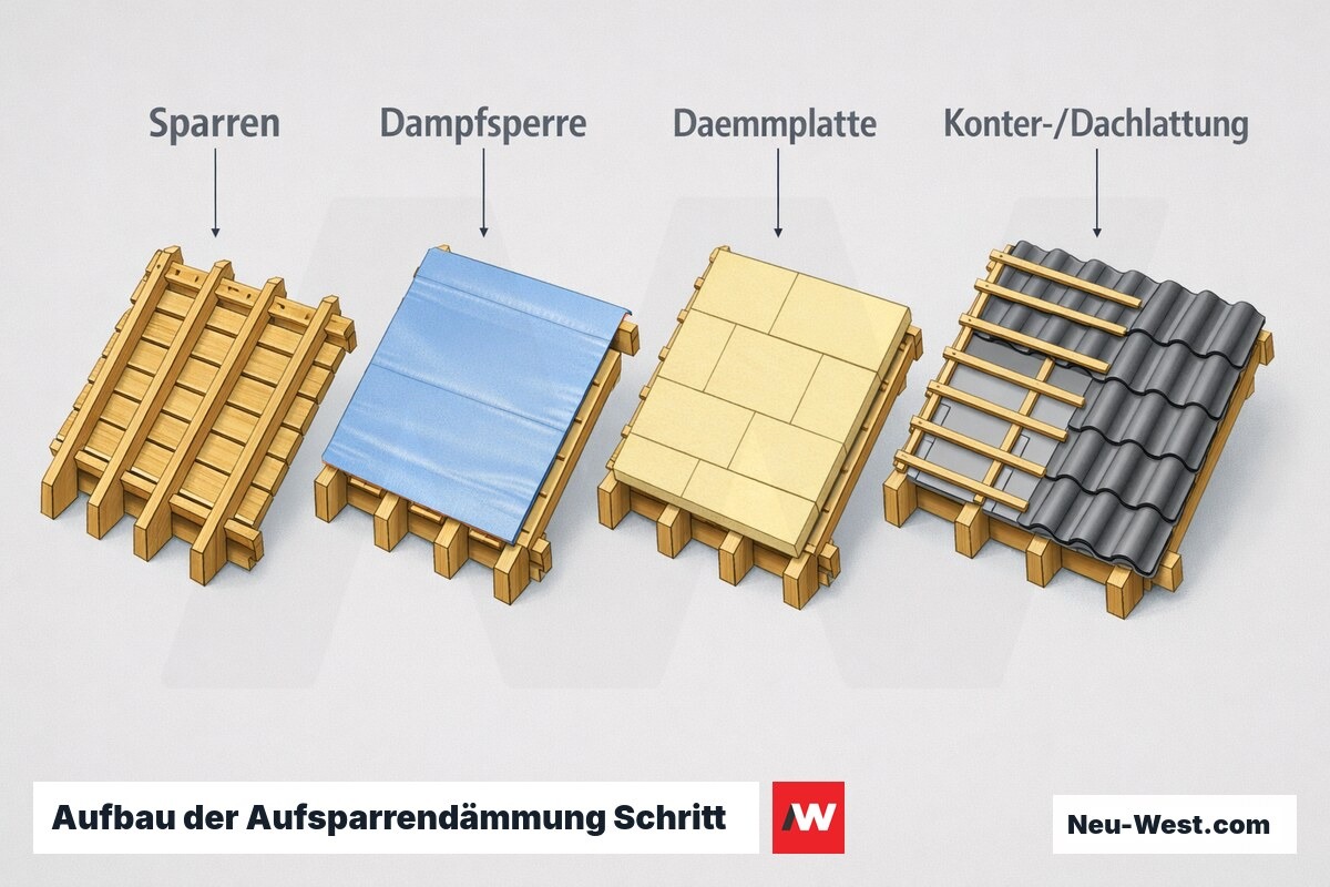 Vierstufige Illustration zum Aufbau einer Aufsparrendämmung: Sparren, Dampfsperre, Dämmplatten und Dachlattung mit Ziegeln am Steildach.